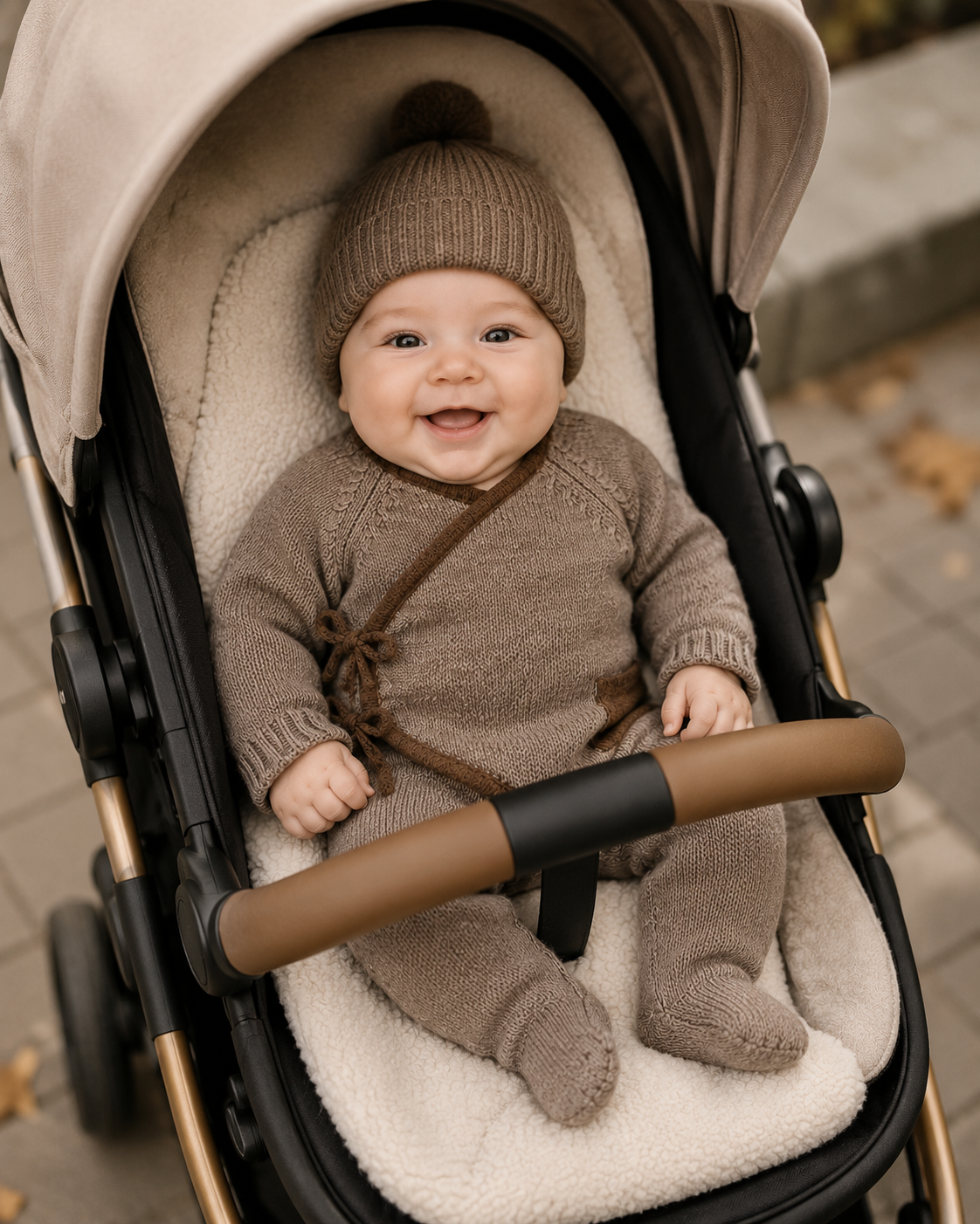 Baby in a brown outfit sitting in a stroller on a sidewalk.