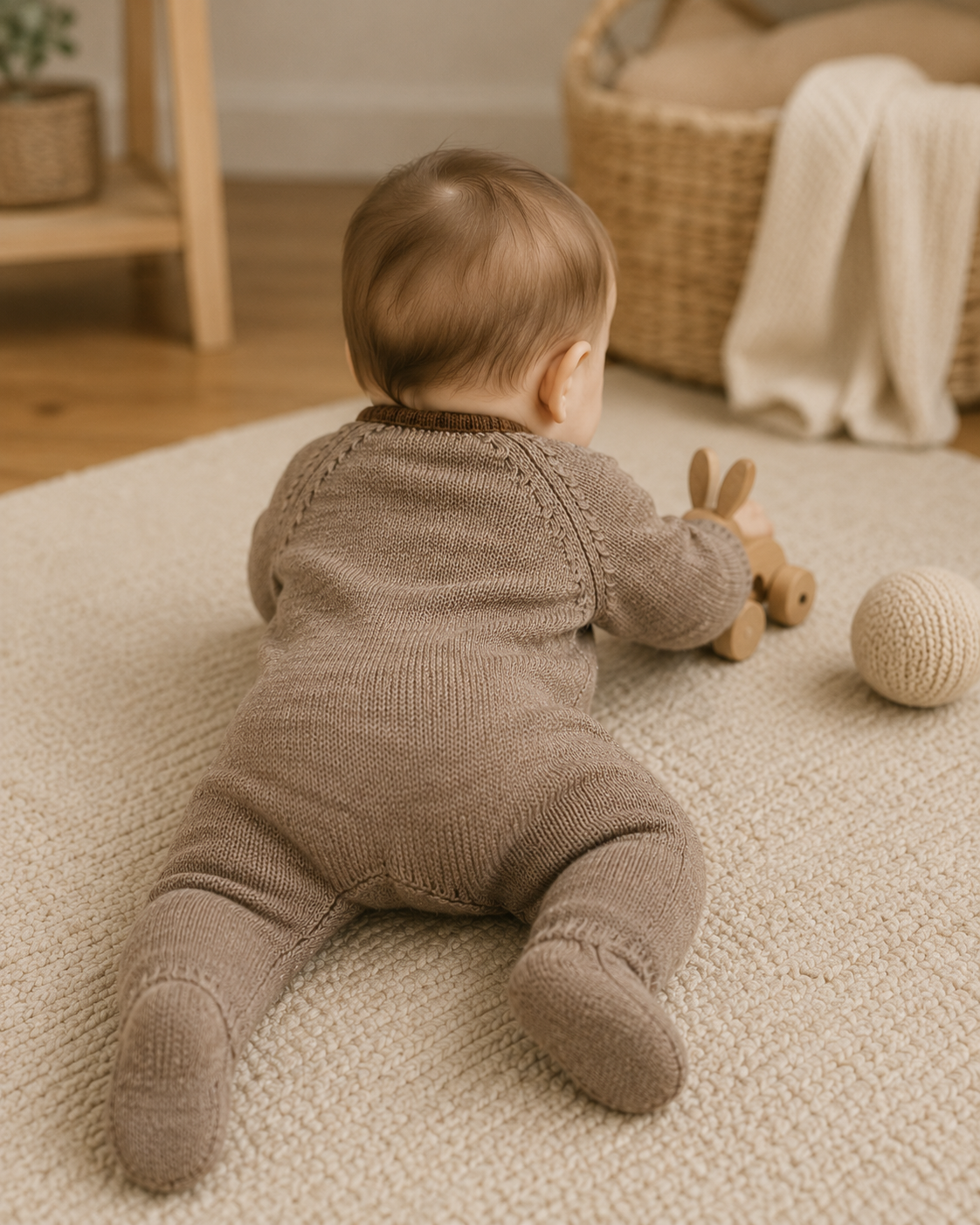 Baby in a brown knitted outfit sitting on a beige carpet with toys around