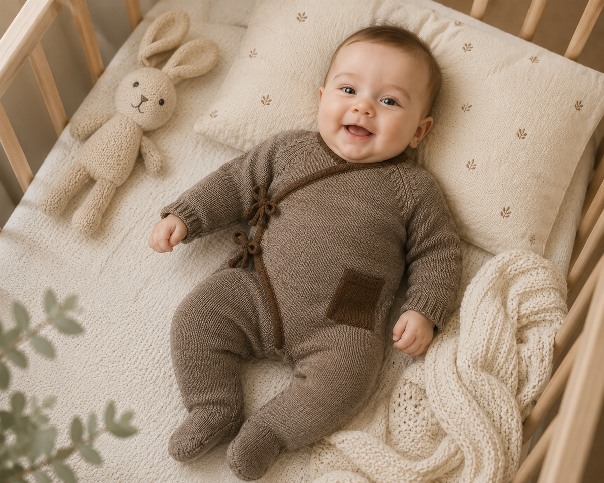 Baby in a brown knitted outfit lying on a crib with a plush toy.