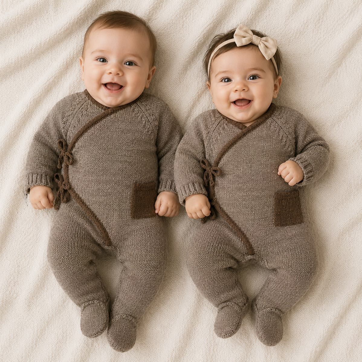 Two babies wearing matching brown outfits lying on a soft surface.