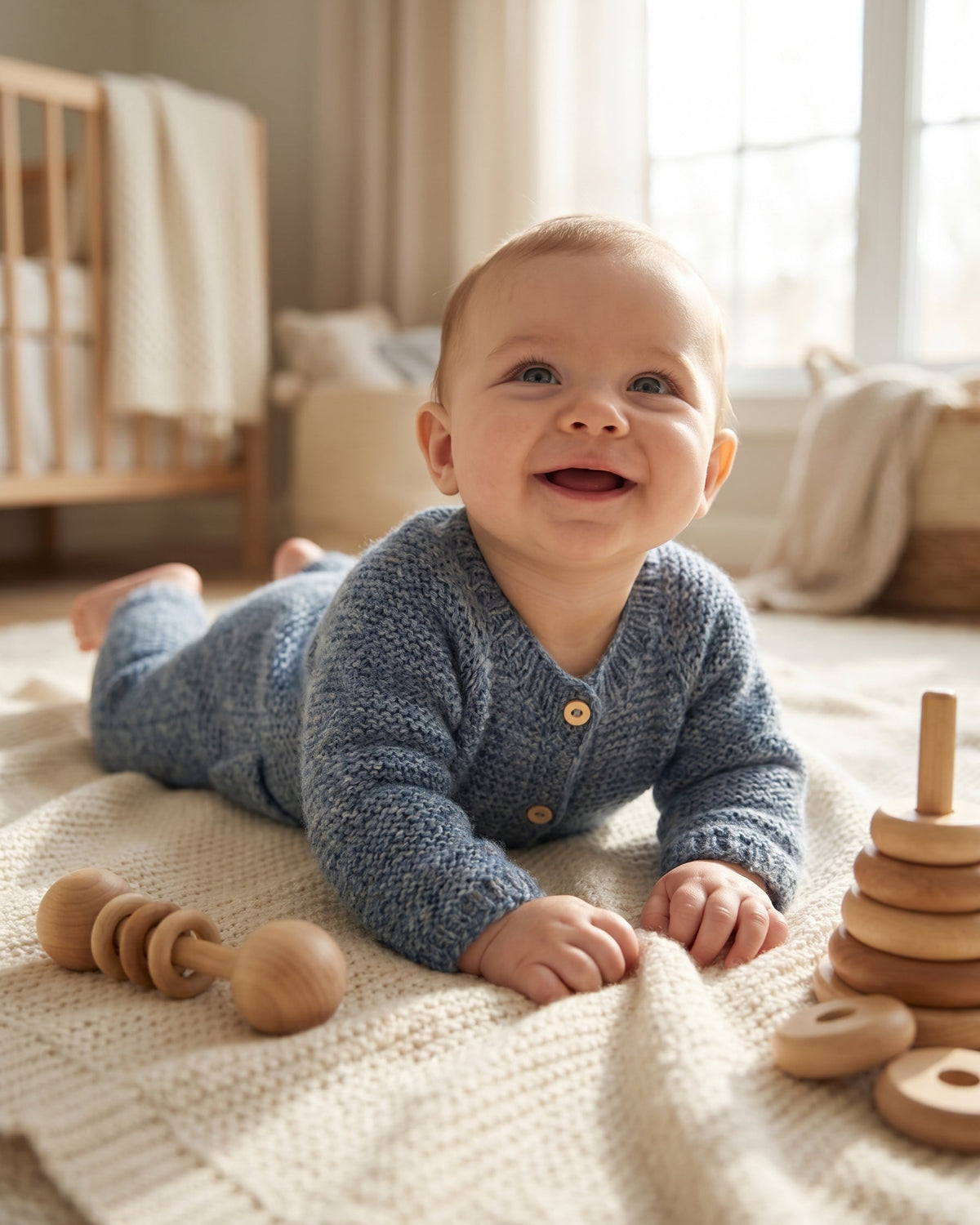 Baby in a blue knitted outfit lying on a blanket with wooden toys in a nursery.