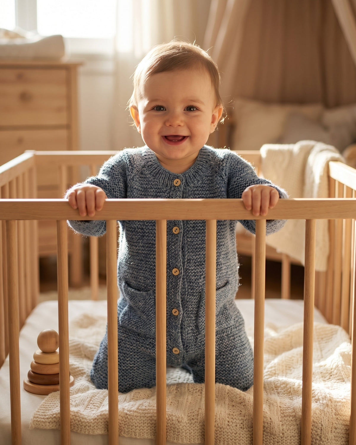 Baby standing in a crib wearing a blue knitted outfit in a warm, homey setting.